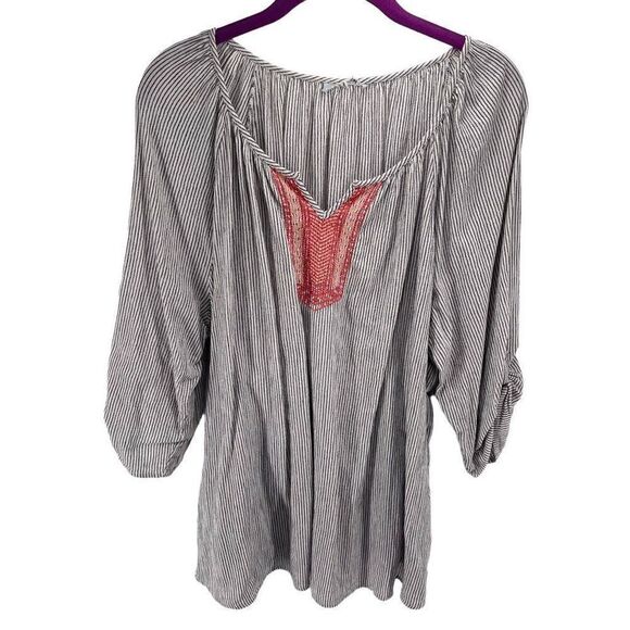 Womens Top Blouse Tunic Roll Tab Sleeve Stretch V Neck Striped Black White 2X - Picture 8 of 9